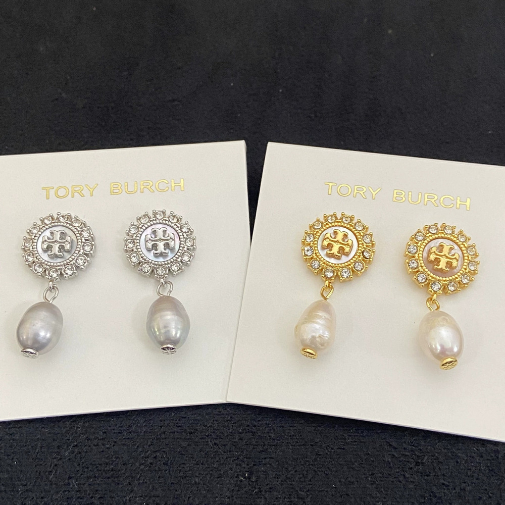 Tory Burch Natural Shell Crystal Rhinestone Round Metal Drop Earrings